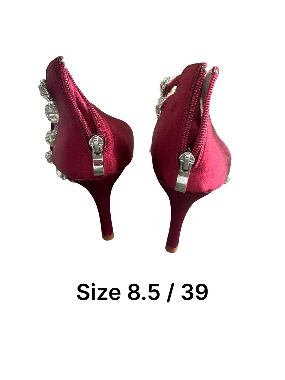 Women’s Satin Pointed-Toe Heels with Crystal T-Strap - Burgundy - Picture 2 of 4